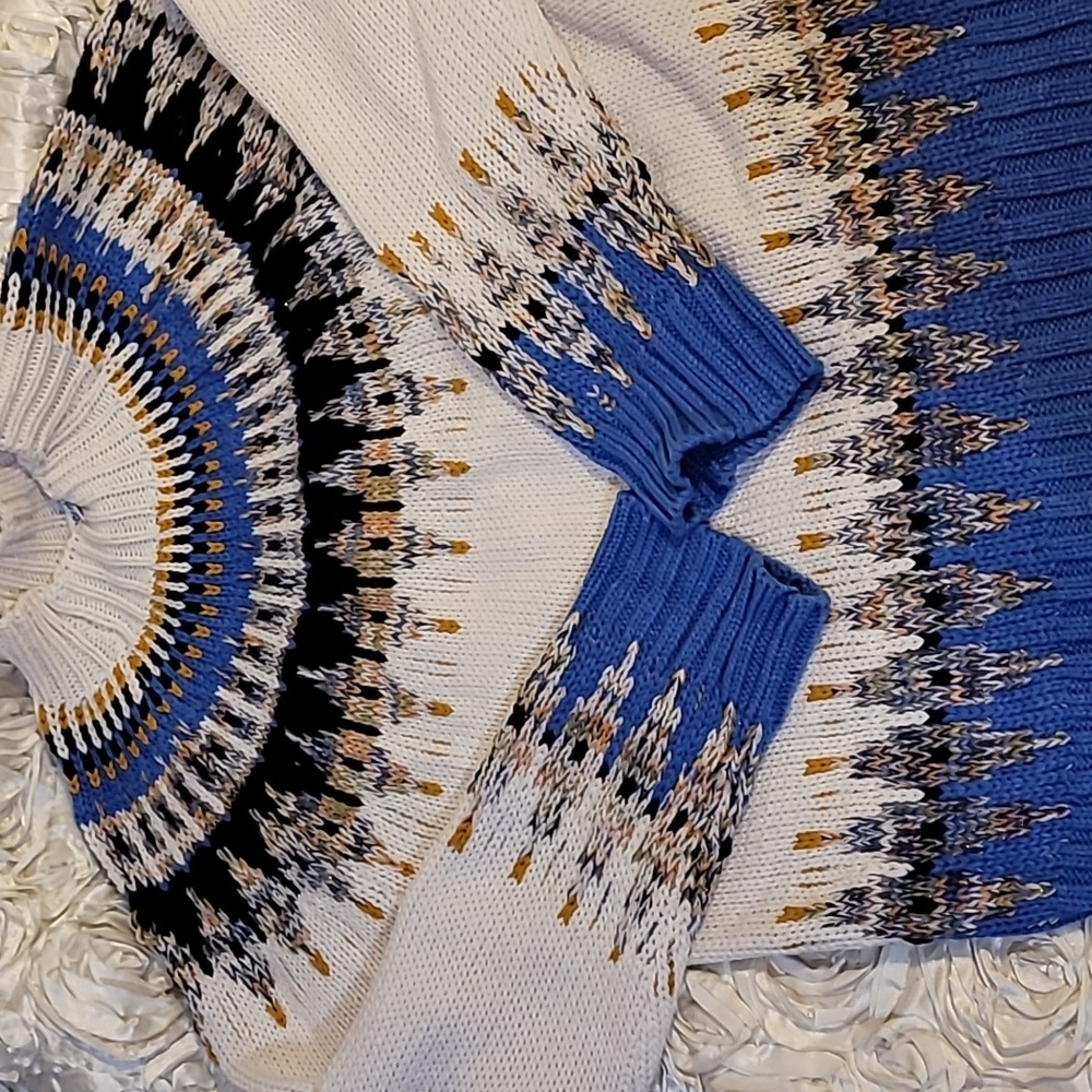 Cocobleu Fair Isle Knit Pullover Sweater Blue &  Cream - Sz Large.